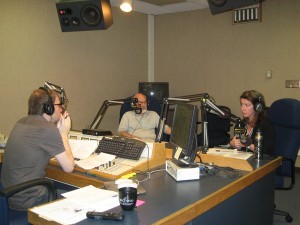 Kristina Scott, Dr. Mark LaGory, and Bradley George in the WBHM studio